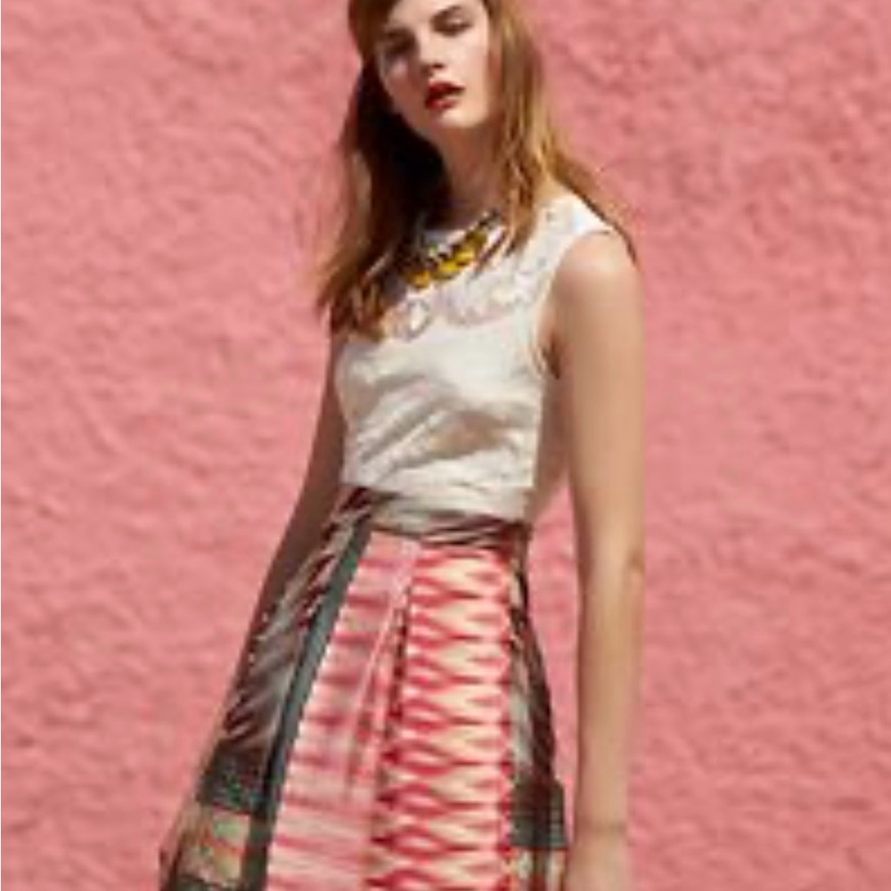 Sleeveless White Lace Bodice with Pink Patterned Midi Skirt Dress